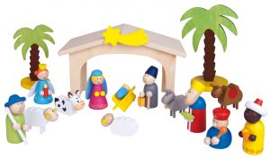 Produktbild zu: Kinderkrippe aus Holz, handbemalt